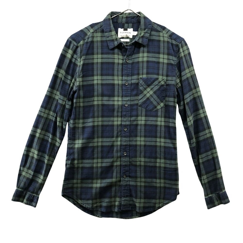 Topman Muscle Fit Flannel Shirt Mens S Blackwatch Plaid Lightweight Long Sleeve